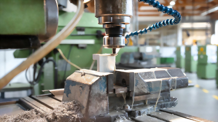 Detailaufnahme einer Fräsmaschine bei der Metallbearbeitung in der Ausbildungswerkstatt.