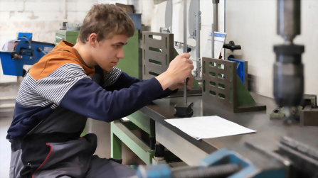 Auszubildender arbietet an einem Werkstück in der Metallwerkstatt mit einem Gerät