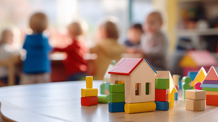 Häuser aus Bauklötzen im Hintergrund Kita Kinder