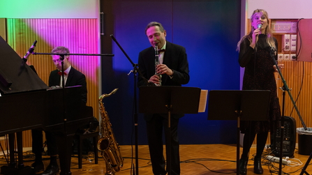 Frontale Aufnahme der Band auf Pianist, Saxofonist und Sängerin