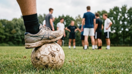 Nahaufnahme von Fuß mit Sportschuh, der auf Fußball steht, im Hintergrund stehen weitere Spieler